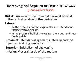 Rectovaginal Septum or Fascia-Boundaries
(Denonvilliers' fascia)
Distal: Fusion with the proximal perineal body at
the central tendon of the perineum.
Lateral:
– In the distal half of the vagina- the arcus tendineus
fasciae rectovaginalis;
– in the proximal half of the vagina- the arcus tendineus
fascia pelvis
Proximal: Uterosacral ligaments laterally and the
pericervical ring centrally.
Superior: Epithelium of the vagina
Inferior: Visceral fascia of the rectum
SAMUEL BEZABIH MESKEREM 2004 EC
GONDER
 