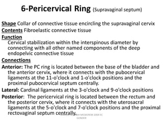 6-Pericervical Ring (Supravaginal septum)
Shape Collar of connective tissue encircling the supravaginal cervix
Contents Fibroelastic connective tissue
Function
Cervical stabilization within the interspinous diameter by
connecting with all other named components of the deep
endopelvic connective tissue
Connections
Anterior: The PC ring is located between the base of the bladder and
the anterior cervix, where it connects with the pubocervical
ligaments at the 11-o'clock and 1-o'clock positions and the
proximal pubocervical septum centrally.
Lateral: Cardinal ligaments at the 3-o'clock and 9-o'clock positions
Posterior: The pericervical ring is located between the rectum and
the posterior cervix, where it connects with the uterosacral
ligaments at the 5-o'clock and 7-o'clock positions and the proximal
rectovaginal septum centrally.
SAMUEL BEZABIH MESKEREM 2004 EC
GONDER
 