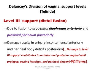 Delancey’s Division of vaginal support levels
(Telinde)
Level III support (distal fusion)
Due to fusion to urogenital diaphragm anteriorly and
proximal perineum posteriorly
Damage results in urinary incontenience anteriorly
and perineal body deficits posteriorly(.. Damage to level
III support contributes to anterior and posterior vaginal wall
prolapse, gaping introitus, and perineal descent-Williams)
SAMUEL BEZABIH MESKEREM 2004 EC
GONDER
 