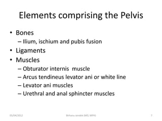 Elements comprising the Pelvis
• Bones
– Ilium, ischium and pubis fusion
• Ligaments
• Muscles
– Obturator internis muscle
– Arcus tendineus levator ani or white line
– Levator ani muscles
– Urethral and anal sphincter muscles
05/04/2012 7
Birhanu sendek (MD, MPH)
 