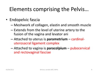 Elements comprising the Pelvis…
• Endopelvic fascia
– Meshwork of collagen, elastin and smooth muscle
– Extends from the level of uterine artery to the
fusion of the vagina and levator ani
– Attached to uterus is parametrium – cardinal-
uterosacral ligament complex
– Attached to vagina is paracolpium – pubocervical
and rectovaginal fasciae
05/04/2012 8
Birhanu sendek (MD, MPH)
 
