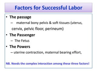 Factors for Successful Labor
• The passage
– maternal bony pelvis & soft tissues (uterus,
cervix, pelvic floor, perineum)
• The Passenger
– The Fetus
• The Powers
– uterine contraction, maternal bearing effort,
NB. Needs the complex interaction among these three factors!
 