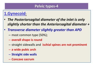 Pelvic types-4
1.Gynecoid:
• The Posteriorsagital diameter of the inlet is only
slightly shorter than the Anteriorsagital diameter +
• Transverse diameter slightly greater than APD
– most common type (50%);
– overall shape is round
– straight sidewalls and ischial spines are not prominent
– a wide pubic arch
– Straight side walls
– Concave sacrum
 