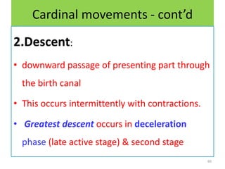 Cardinal movements - cont’d
2.Descent:
• downward passage of presenting part through
the birth canal
• This occurs intermittently with contractions.
• Greatest descent occurs in deceleration
phase (late active stage) & second stage
60
 