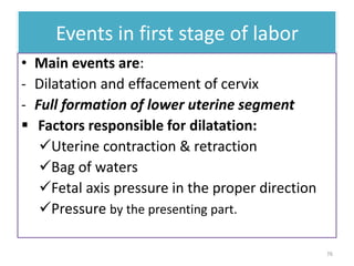 Events in first stage of labor
• Main events are:
- Dilatation and effacement of cervix
- Full formation of lower uterine segment
 Factors responsible for dilatation:
Uterine contraction & retraction
Bag of waters
Fetal axis pressure in the proper direction
Pressure by the presenting part.
76
 
