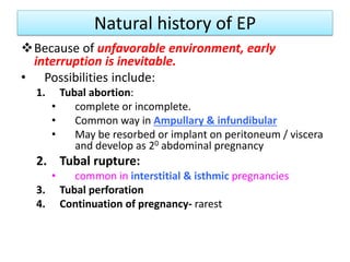 Natural history of EP
Because of unfavorable environment, early
interruption is inevitable.
• Possibilities include:
1. Tubal abortion:
• complete or incomplete.
• Common way in Ampullary & infundibular
• May be resorbed or implant on peritoneum / viscera
and develop as 20 abdominal pregnancy
2. Tubal rupture:
• common in interstitial & isthmic pregnancies
3. Tubal perforation
4. Continuation of pregnancy- rarest
 