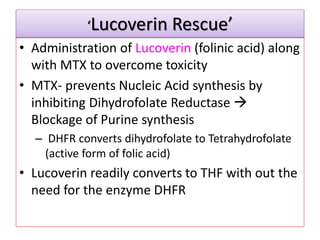 ‘Lucoverin Rescue’
• Administration of Lucoverin (folinic acid) along
with MTX to overcome toxicity
• MTX- prevents Nucleic Acid synthesis by
inhibiting Dihydrofolate Reductase 
Blockage of Purine synthesis
– DHFR converts dihydrofolate to Tetrahydrofolate
(active form of folic acid)
• Lucoverin readily converts to THF with out the
need for the enzyme DHFR
 