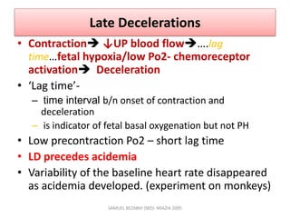 Late Decelerations
• Contraction ↓UP blood flow….lag
time…fetal hypoxia/low Po2- chemoreceptor
activation Deceleration
• ‘Lag time’-
– time interval b/n onset of contraction and
deceleration
– is indicator of fetal basal oxygenation but not PH
• Low precontraction Po2 – short lag time
• LD precedes acidemia
• Variability of the baseline heart rate disappeared
as acidemia developed. (experiment on monkeys)
SAMUEL BEZABIH (MD)- MIAZIA 2005
 