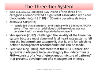 The Three Tier System
• Cahill and colleagues (2012) Ret study ,None of the three FHR
categories demonstrated a significant association with cord
blood acidemia(pH ≤ 7.10) in 30 mins peceding delivery
• ACOG and AAP (2014)
– concluded that a category I or II tracing with a 5-minute APGAR
score > 7 or normal arterial blood acid-base values was not
consistent with an acute hypoxic-ischemic event
• Sholapurkar (2012) challenged the validity of the three tier
system because most abnormal fetal heart rate patterns fall
into the indeterminate category II, that is, one for which no
definite management recommendations can be made.
• Parer and King (2010) comment that the NICHD three-tier
system is inadequate because category II— indeterminate
FHR—consists of a “vast heterogenous mixture of patterns”
that prevents development of a management strategy
SAMUEL BEZABIH (MD)- MIAZIA 2005
 