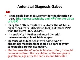 Antenatal Diagnosis-Gabee
AC
• is the single best measurement for the detection of
IUGR. (the highest sensitivity and NPV for the US dx
of IUGR)
• Using the 10th percentiles as cutoffs, the AC has a
higher sensitivity (98% versus 85%) but lower PPV
than the SEFW (36% VS 51%).
• Its sensitivity is further enhanced by serial
measurements at least 14 days apart.
• Because of its high sensitivity, some type of
abdominal measurement should be part of every
sonographic growth evaluation.
• But because the AC reflects fetal nutrition, it should
be excluded from the calculation of the composite
gestational age after the early second trimester.
 