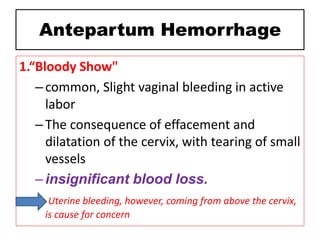 Antepartum Hemorrhage
1.“Bloody Show"
–common, Slight vaginal bleeding in active
labor
–The consequence of effacement and
dilatation of the cervix, with tearing of small
vessels
–insignificant blood loss.
Uterine bleeding, however, coming from above the cervix,
is cause for concern
 
