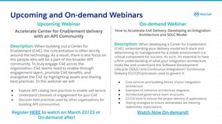 All contents © MuleSoft, LLC
Upcoming and On-demand Webinars
Upcoming Webinar
Accelerate Center for Enablement delivery
with an API Community
Description: When building out a Center for
Enablement (C4E), the concentration is often strictly
around the technology. As a result, there is less focus on
the people who will be a part of the broader API
community. To truly engage C4E across the
organization, C4E teams need to enable through
engagement layers, promote C4E beneﬁts, and
evangelize the C4E by highlighting assets and sharing
best practices. In this webinar we will:
● Explore API catalog best practices to enable self-service
● Understand channels of engagement for your C4E
● Discover best practices used by other organizations for
building API communities
Watch Now On-demand!
On-demand Webinar
How to Accelerate C4E Delivery: Developing an Integration
Architecture and SDLC Model
Description: When developing a Center for Enablement
(C4E), understanding your delivery model tech stack and
determining its management for a stable environment is a
critical component for success. As such, it's essential to have
a ﬁrm understanding of what your integration architecture
looks like and understand the Software Development
Lifecycle (SDLC) and Continuous Integration/ Continuous
Delivery (CI/CD) processes used to govern it.
● Core services and building blocks of your integration
architecture
● Examples of reference architecture diagrams
● Architecture governance team structures
● CI/CD tools to ensure the proper delivery of applications
● Testing strategies to ensure deliverables are meeting
stakeholder expectations
Register HERE to watch on March 22/23 or
On-demand after!
 