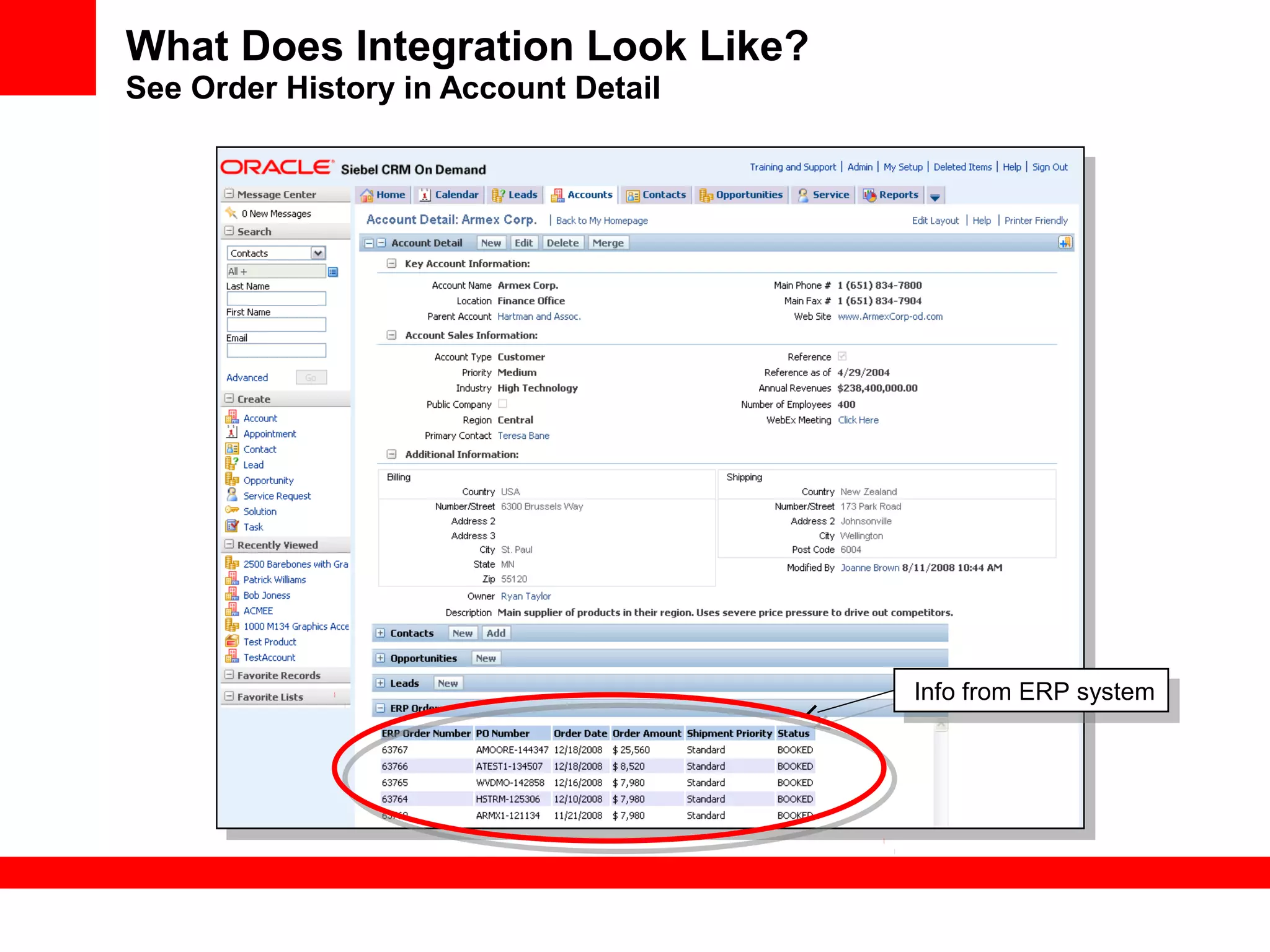 What Does Integration Look Like?
See Order History in Account Detail
Info from ERP systemInfo from ERP system
 