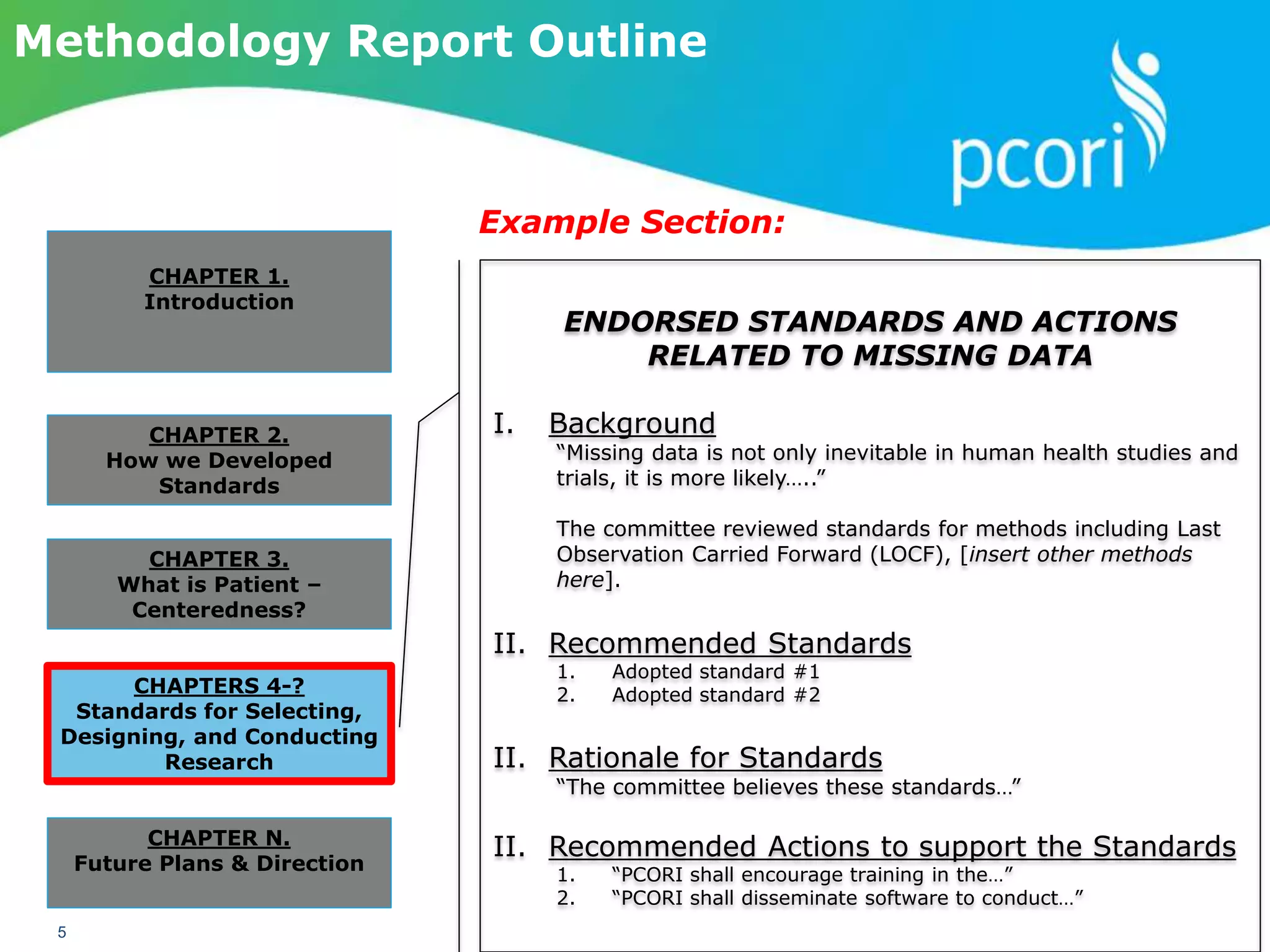PATIENT-CENTERED OUTCOMES RESEARCH INSTITUTE
5
Methodology Report Outline
CHAPTER 1.
Introduction
CHAPTER 2.
How we Developed
Standards
CHAPTER 3.
What is Patient –
Centeredness?
CHAPTERS 4-?
Standards for Selecting,
Designing, and Conducting
Research
CHAPTER N.
Future Plans & Direction
Example Section:
ENDORSED STANDARDS AND ACTIONS
RELATED TO MISSING DATA
I. Background
“Missing data is not only inevitable in human health studies and
trials, it is more likely…..”
The committee reviewed standards for methods including Last
Observation Carried Forward (LOCF), [insert other methods
here].
II. Recommended Standards
1. Adopted standard #1
2. Adopted standard #2
II. Rationale for Standards
“The committee believes these standards…”
II. Recommended Actions to support the Standards
1. “PCORI shall encourage training in the…”
2. “PCORI shall disseminate software to conduct…”
 