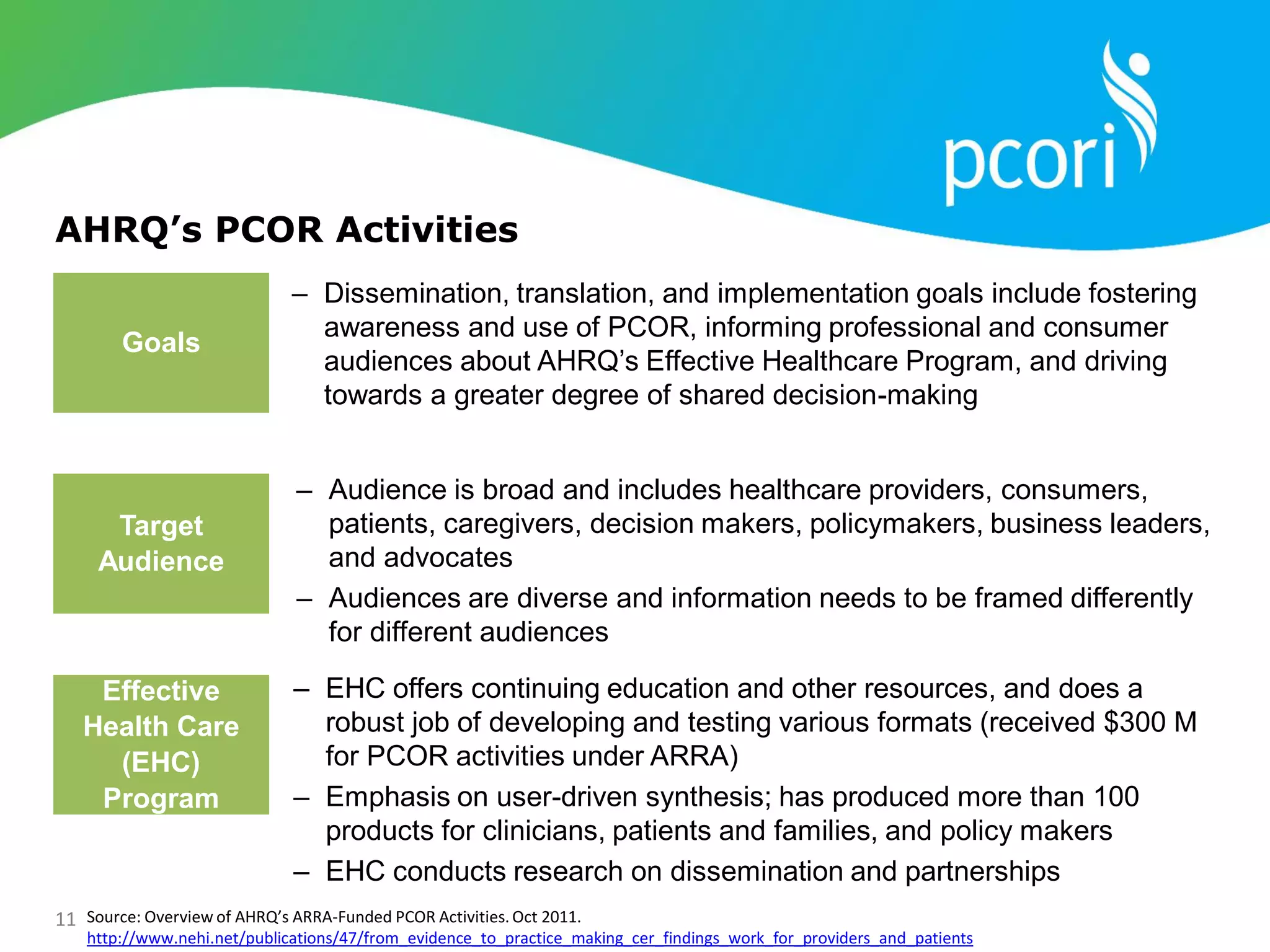 11
AHRQ’s PCOR Activities
– Dissemination, translation, and implementation goals include fostering
awareness and use of PCOR, informing professional and consumer
audiences about AHRQ’s Effective Healthcare Program, and driving
towards a greater degree of shared decision-making
Goals
Target
Audience
– Audience is broad and includes healthcare providers, consumers,
patients, caregivers, decision makers, policymakers, business leaders,
and advocates
– Audiences are diverse and information needs to be framed differently
for different audiences
Source: Overview of AHRQ’s ARRA-Funded PCOR Activities. Oct 2011.
http://www.nehi.net/publications/47/from_evidence_to_practice_making_cer_findings_work_for_providers_and_patients
Effective
Health Care
(EHC)
Program
– EHC offers continuing education and other resources, and does a
robust job of developing and testing various formats (received $300 M
for PCOR activities under ARRA)
– Emphasis on user-driven synthesis; has produced more than 100
products for clinicians, patients and families, and policy makers
– EHC conducts research on dissemination and partnerships
 