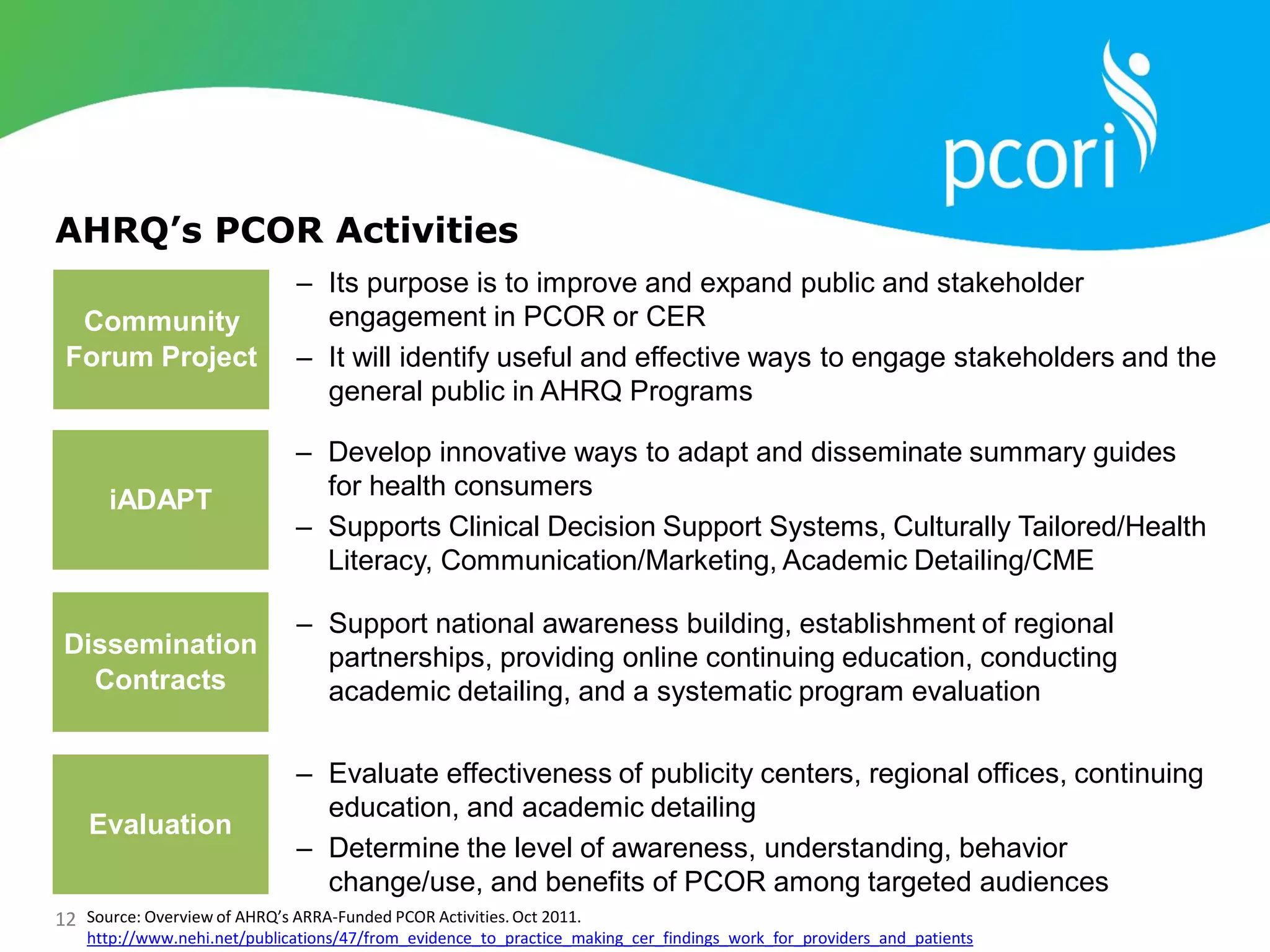 12
AHRQ’s PCOR Activities
Community
Forum Project
Dissemination
Contracts
– Its purpose is to improve and expand public and stakeholder
engagement in PCOR or CER
– It will identify useful and effective ways to engage stakeholders and the
general public in AHRQ Programs
– Support national awareness building, establishment of regional
partnerships, providing online continuing education, conducting
academic detailing, and a systematic program evaluation
Source: Overview of AHRQ’s ARRA-Funded PCOR Activities. Oct 2011.
http://www.nehi.net/publications/47/from_evidence_to_practice_making_cer_findings_work_for_providers_and_patients
iADAPT
– Develop innovative ways to adapt and disseminate summary guides
for health consumers
– Supports Clinical Decision Support Systems, Culturally Tailored/Health
Literacy, Communication/Marketing, Academic Detailing/CME
Evaluation
– Evaluate effectiveness of publicity centers, regional offices, continuing
education, and academic detailing
– Determine the level of awareness, understanding, behavior
change/use, and benefits of PCOR among targeted audiences
 