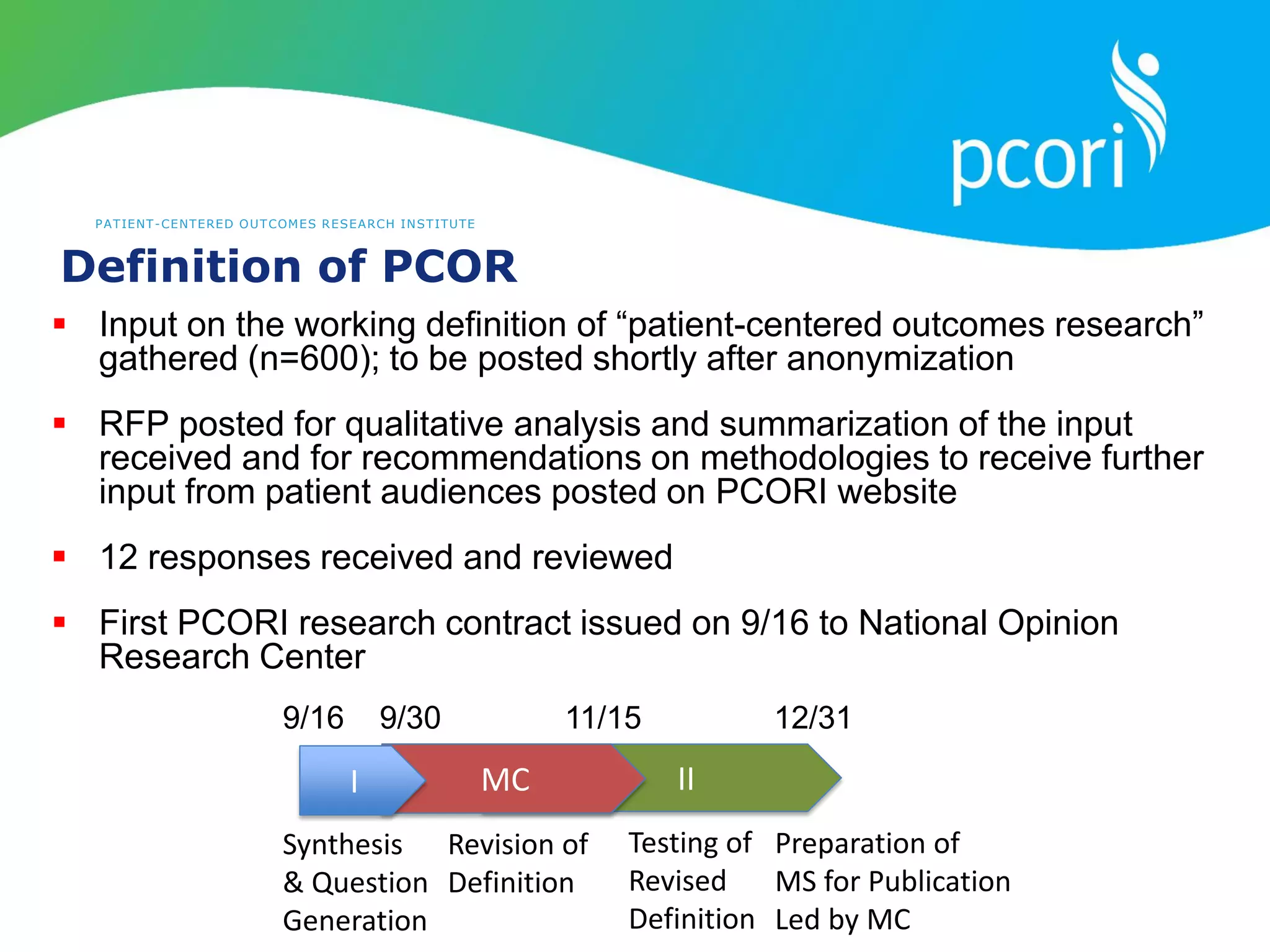 PATIENT-CENTERED OUTCOMES RESEARCH INSTITUTE
Definition of PCOR
 Input on the working definition of “patient-centered outcomes research”
gathered (n=600); to be posted shortly after anonymization
 RFP posted for qualitative analysis and summarization of the input
received and for recommendations on methodologies to receive further
input from patient audiences posted on PCORI website
 12 responses received and reviewed
 First PCORI research contract issued on 9/16 to National Opinion
Research Center
II
MC
I
9/16 9/30 11/15 12/31
Synthesis
& Question
Generation
Revision of
Definition
Testing of
Revised
Definition
Preparation of
MS for Publication
Led by MC
 