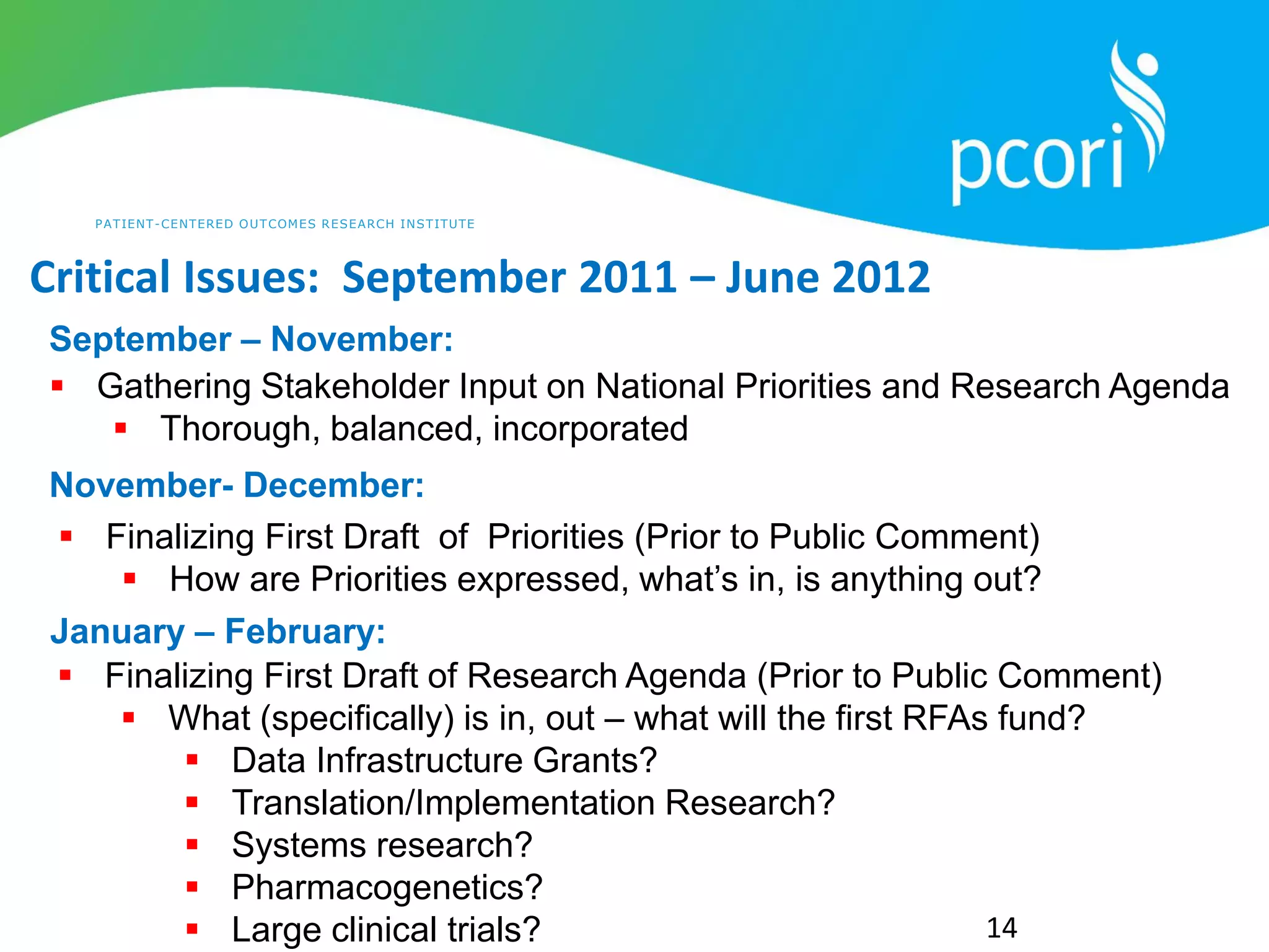 PATIENT-CENTERED OUTCOMES RESEARCH INSTITUTE
Critical Issues: September 2011 – June 2012
14
 Gathering Stakeholder Input on National Priorities and Research Agenda
 Thorough, balanced, incorporated
September – November:
November- December:
 Finalizing First Draft of Priorities (Prior to Public Comment)
 How are Priorities expressed, what’s in, is anything out?
January – February:
 Finalizing First Draft of Research Agenda (Prior to Public Comment)
 What (specifically) is in, out – what will the first RFAs fund?
 Data Infrastructure Grants?
 Translation/Implementation Research?
 Systems research?
 Pharmacogenetics?
 Large clinical trials?
 