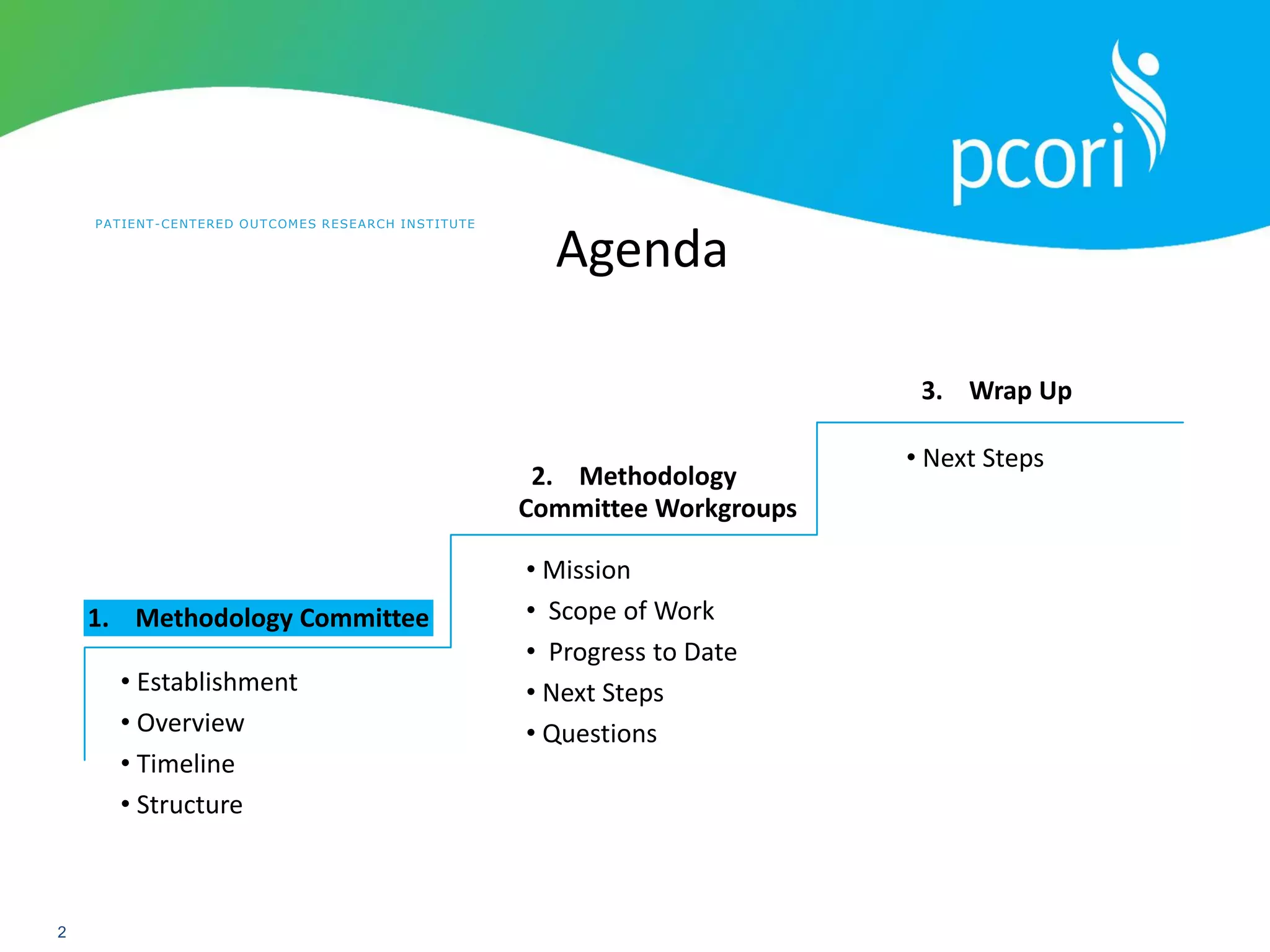 PATIENT-CENTERED OUTCOMES RESEARCH INSTITUTE
2
• Establishment
• Overview
• Timeline
• Structure
• Mission
• Scope of Work
• Progress to Date
• Next Steps
• Questions
1. Methodology Committee
2. Methodology
Committee Workgroups
3. Wrap Up
• Next Steps
Agenda
 