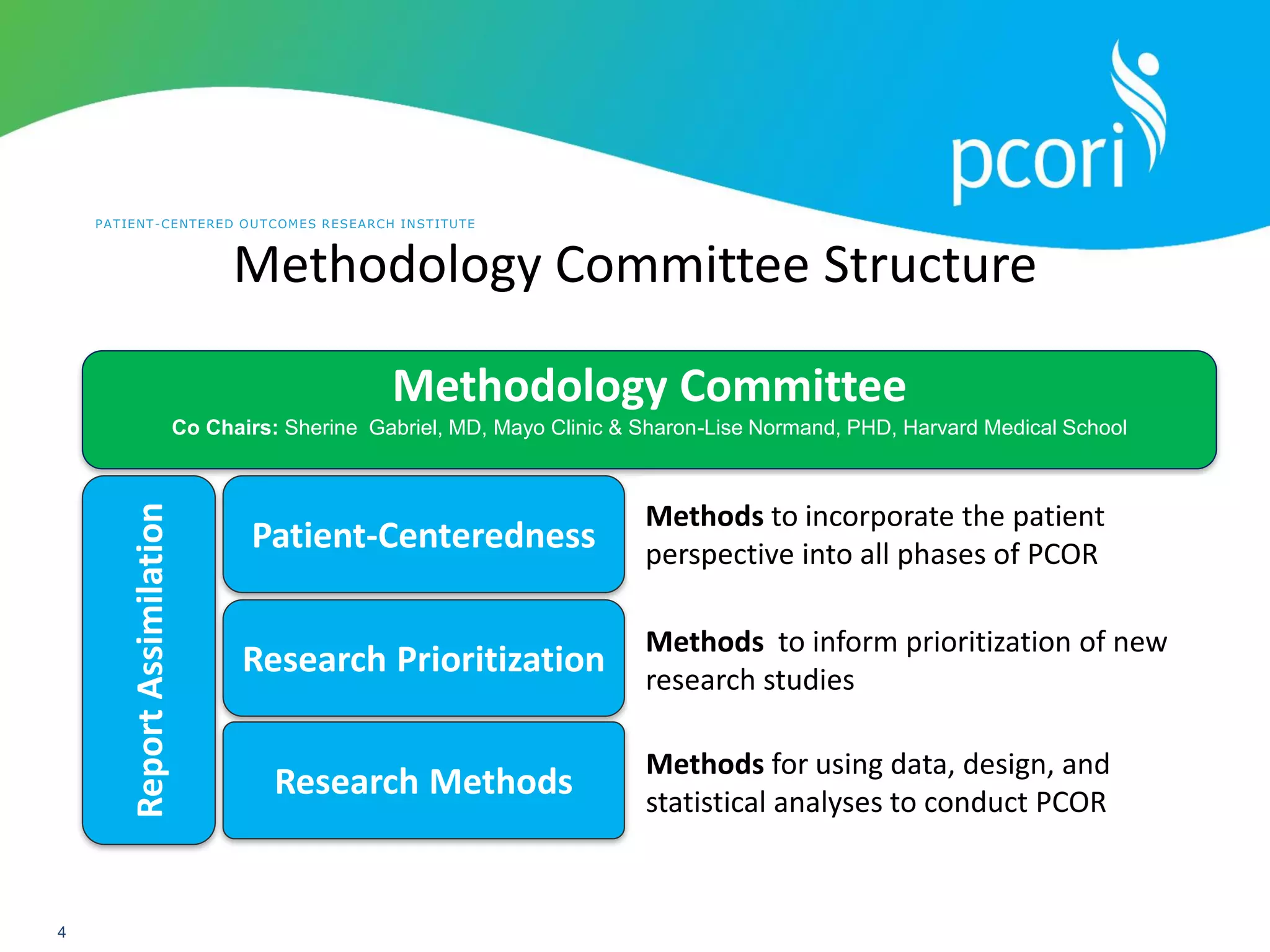 PATIENT-CENTERED OUTCOMES RESEARCH INSTITUTE
4
Methodology Committee Structure
Methodology Committee
Co Chairs: Sherine Gabriel, MD, Mayo Clinic & Sharon-Lise Normand, PHD, Harvard Medical School
Patient-Centeredness
Research Prioritization
Methods to incorporate the patient
perspective into all phases of PCOR
Methods to inform prioritization of new
research studies
Methods for using data, design, and
statistical analyses to conduct PCOR
Research Methods
Report
Assimilation
 