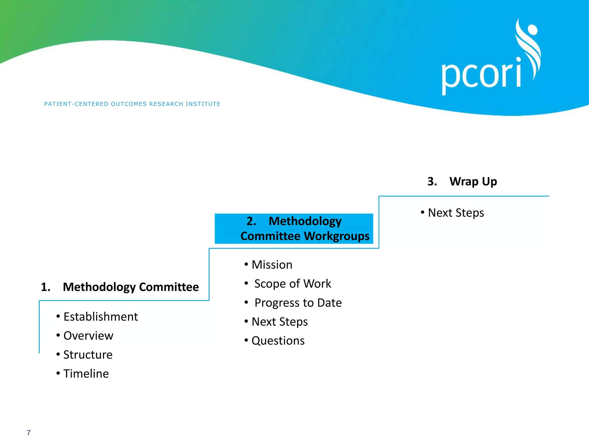 PATIENT-CENTERED OUTCOMES RESEARCH INSTITUTE
7
• Establishment
• Overview
• Structure
• Timeline
• Mission
• Scope of Work
• Progress to Date
• Next Steps
• Questions
1. Methodology Committee
2. Methodology
Committee Workgroups
3. Wrap Up
• Next Steps
 