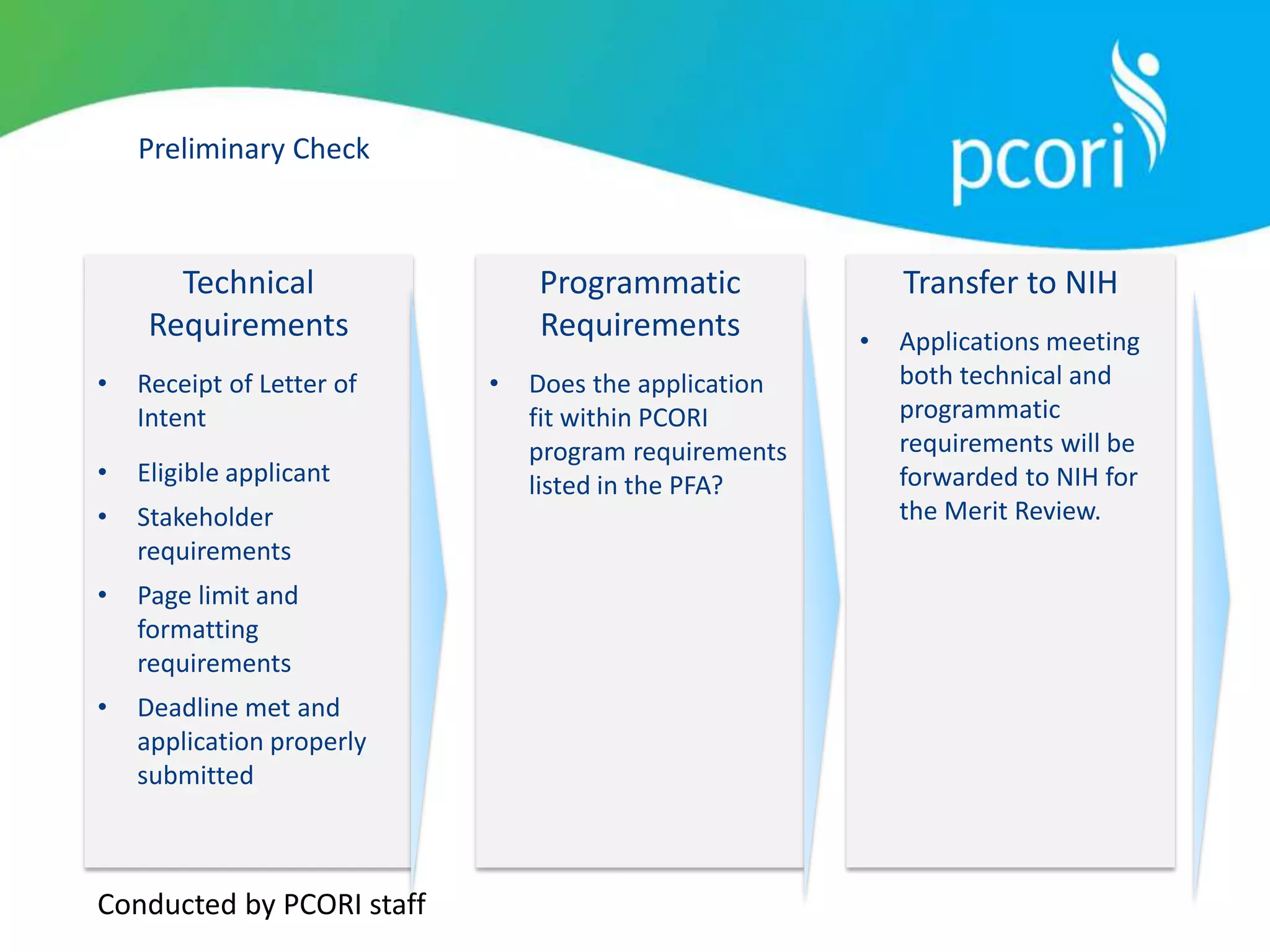 Preliminary Check
Technical
Requirements
• Receipt of Letter of
Intent
• Eligible applicant
• Stakeholder
requirements
• Page limit and
formatting
requirements
• Deadline met and
application properly
submitted
Programmatic
Requirements
• Does the application
fit within PCORI
program requirements
listed in the PFA?
Transfer to NIH
• Applications meeting
both technical and
programmatic
requirements will be
forwarded to NIH for
the Merit Review.
Conducted by PCORI staff
 