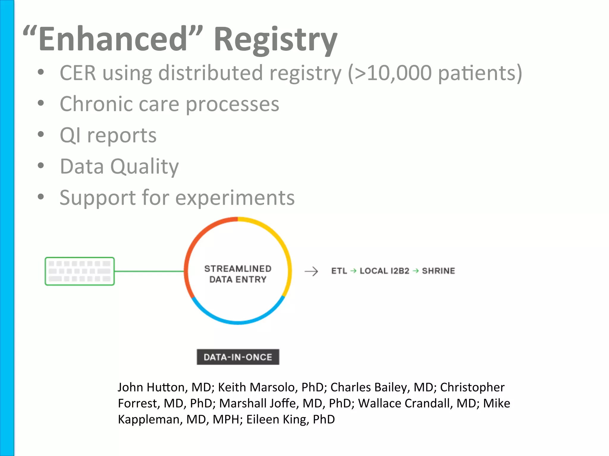 “Enhanced”	
  Registry	
  
John	
  Hugon,	
  MD;	
  Keith	
  Marsolo,	
  PhD;	
  Charles	
  Bailey,	
  MD;	
  Christopher	
  
Forrest,	
  MD,	
  PhD;	
  Marshall	
  Joﬀe,	
  MD,	
  PhD;	
  Wallace	
  Crandall,	
  MD;	
  Mike	
  
Kappleman,	
  MD,	
  MPH;	
  Eileen	
  King,	
  PhD	
  
	
  
•  CER	
  using	
  distributed	
  registry	
  (>10,000	
  pa9ents)	
  
•  Chronic	
  care	
  processes	
  
•  QI	
  reports	
  
•  Data	
  Quality	
  
•  Support	
  for	
  experiments	
  
 