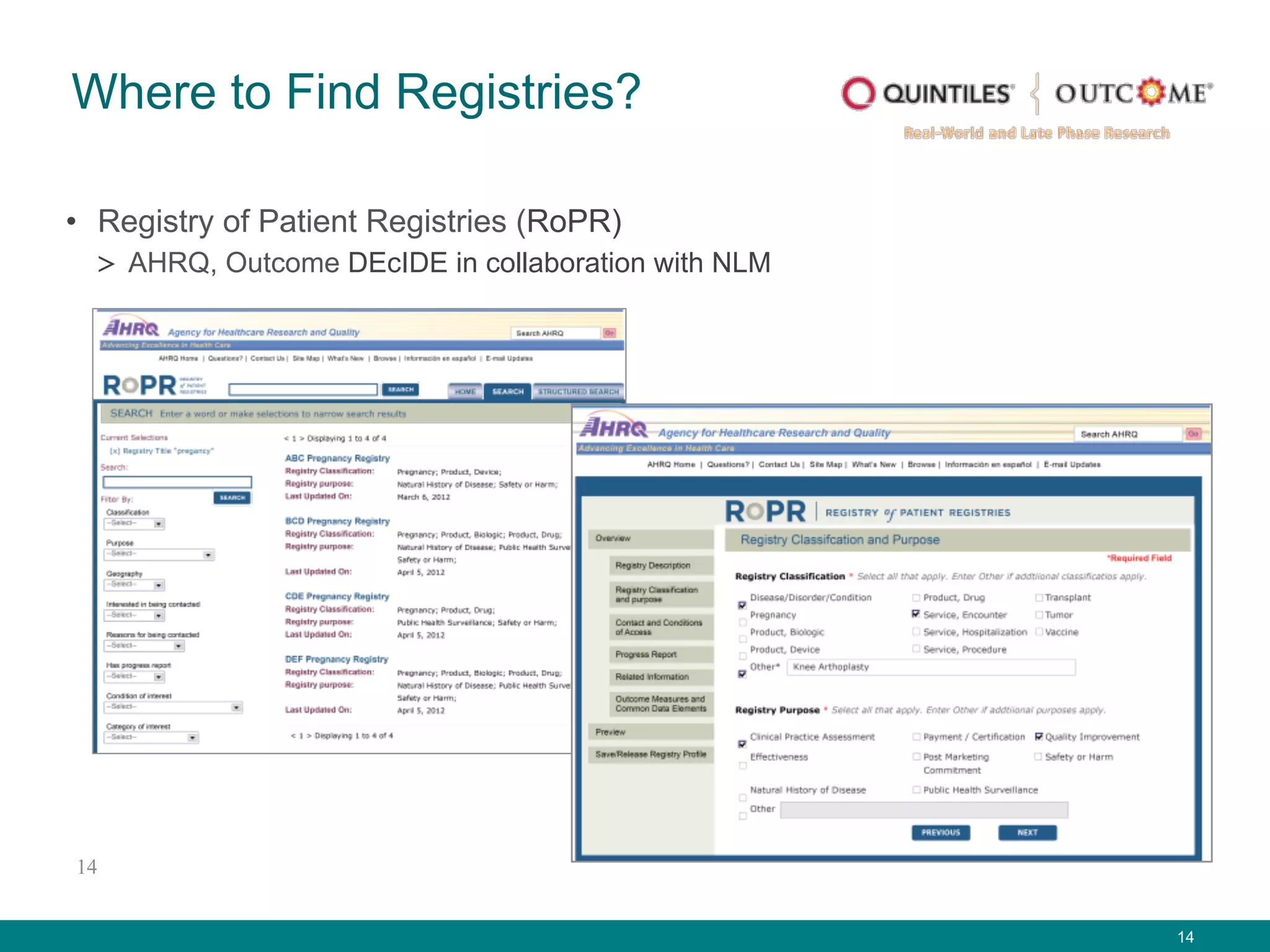 14
•  Registry of Patient Registries (RoPR)
>  AHRQ, Outcome DEcIDE in collaboration with NLM
Where to Find Registries?
14
 