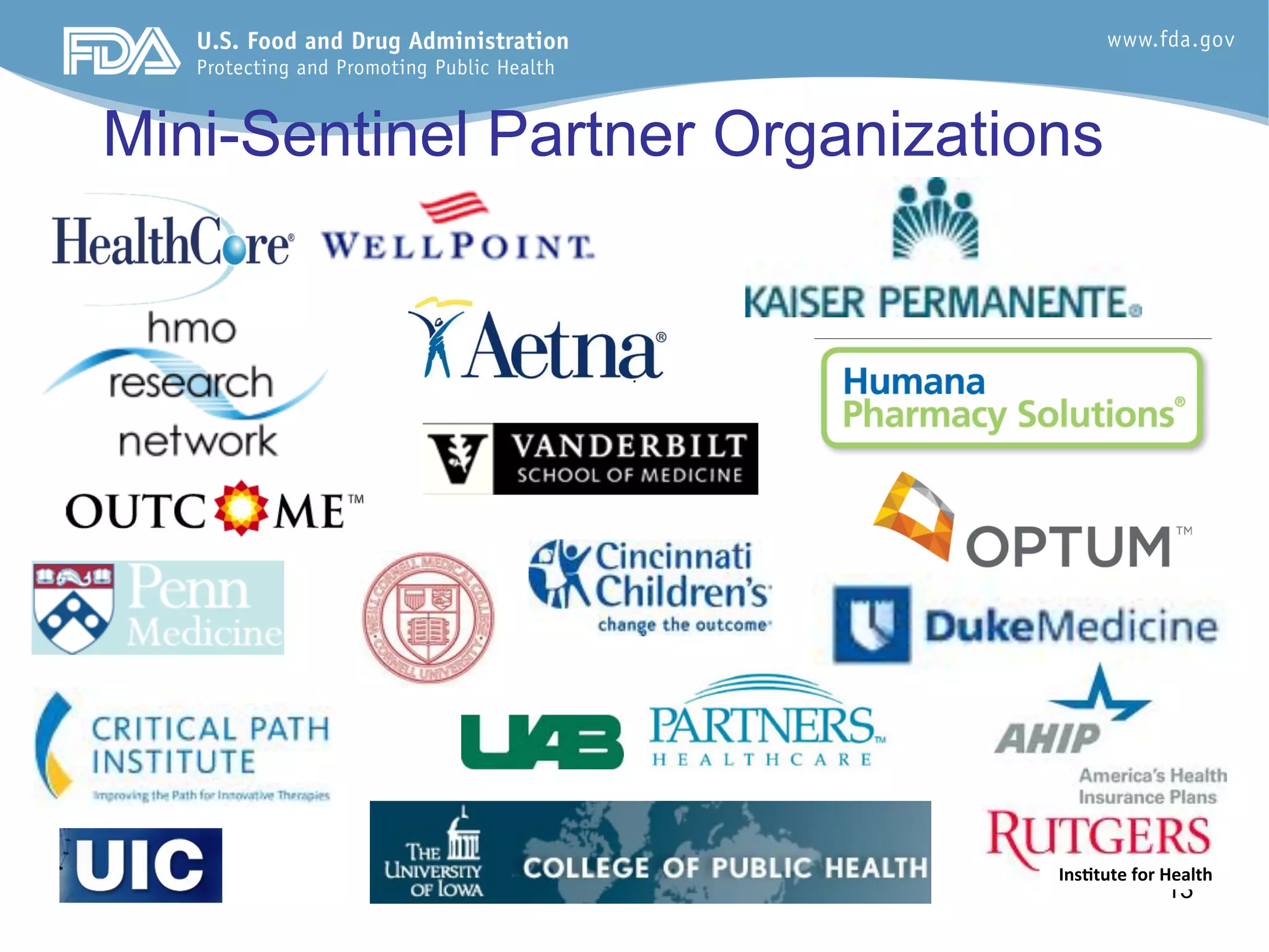 13
Mini-Sentinel Partner Organizations
Ins$tute	
  for	
  Health	
  
 