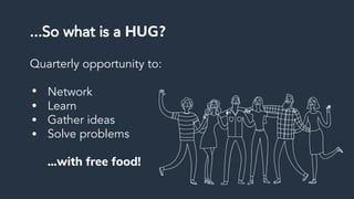 5
...So what is a HUG?
Quarterly opportunity to:
Network
Learn
Gather ideas
Solve problems
...with free food!
 