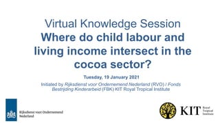 Virtual Knowledge Session
Where do child labour and
living income intersect in the
cocoa sector?
Tuesday, 19 January 2021
Initiated by Rijksdienst voor Ondernemend Nederland (RVO) / Fonds
Bestrijding Kinderarbeid (FBK) KIT Royal Tropical Institute
 