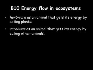 B10 Energy flow in ecosystemsB10 Energy flow in ecosystems
• herbivore as an animal that gets its energy by
eating plants;
• carnivore as an animal that gets its energy by
eating other animals.