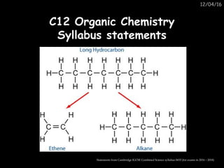 12/04/16
C12 Organic ChemistryC12 Organic Chemistry
Syllabus statementsSyllabus statements
Statements from Cambridge IGCSE Combined Science syllabus 0653 (for exams in 2016 – 2018)
 