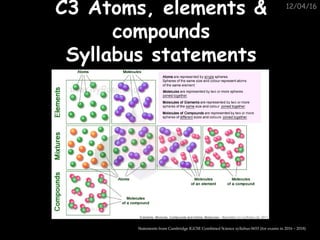 12/04/16
C3 Atoms, elements &C3 Atoms, elements &
compoundscompounds
Syllabus statementsSyllabus statements
Statements from Cambridge IGCSE Combined Science syllabus 0653 (for exams in 2016 – 2018)
 