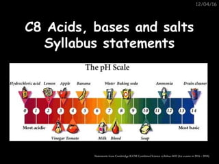 12/04/16
C8 Acids, bases and saltsC8 Acids, bases and salts
Syllabus statementsSyllabus statements
Statements from Cambridge IGCSE Combined Science syllabus 0653 (for exams in 2016 – 2018)
 