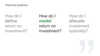 How do I
define
return on
investment?
How do I
model
return on
investment?
How do I
allocate
investment
optimally?
Three key questions
 