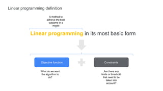 Linear programming definition
Linear programming in its most basic form
Objective function Constraints
What do we want
the algorithm to
do?
Are there any
limits or threshold
that need to be
taken into
account?
A method to
achieve the best
outcome in a
model
 
