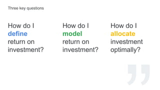How do I
define
return on
investment?
How do I
model
return on
investment?
How do I
allocate
investment
optimally?
Three key questions
 