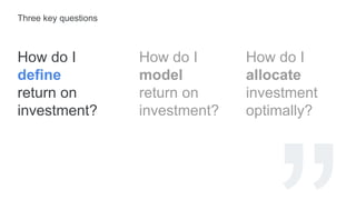 How do I
define
return on
investment?
How do I
model
return on
investment?
How do I
allocate
investment
optimally?
Three key questions
 