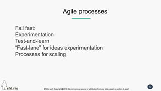 STKI’s work Copyright@2016. Do not remove source or attribution from any slide, graph or portion of graph
52
STKI’s work Copyright@2016. Do not remove source or attribution from any slide, graph or portion of graph
Agile processes
Fail fast:
Experimentation
Test-and-learn
“Fast-lane” for ideas experimentation
Processes for scaling
 