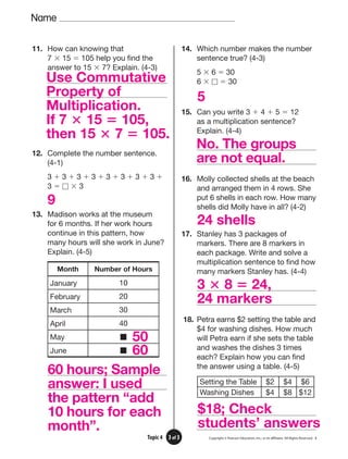 Name
Copyright © Pearson Education, Inc., or its afﬁliates. All Rights Reserved. 3
3 of 3
Topic 4
11. How can knowing that
7 ⫻ 15 ⫽ 105 help you find the
answer to 15 ⫻ 7? Explain. (4-3)
12. Complete the number sentence.
(4-1)
3 ⫹ 3 ⫹ 3 ⫹ 3 ⫹ 3 ⫹ 3 ⫹ 3 ⫹ 3 ⫹
3 ⫽ ⵧ ⫻ 3
13. Madison works at the museum
for 6 months. If her work hours
continue in this pattern, how
many hours will she work in June?
Explain. (4-5)
Month Number of Hours
January 10
February 20
March 30
April 40
May 䡵
June 䡵
14. Which number makes the number
sentence true? (4-3)
5 ⫻ 6 ⫽ 30
6 ⫻ ⵧ ⫽ 30
15. Can you write 3 ⫹ 4 ⫹ 5 ⫽ 12
as a multiplication sentence?
Explain. (4-4)
16. Molly collected shells at the beach
and arranged them in 4 rows. She
put 6 shells in each row. How many
shells did Molly have in all? (4-2)
17. Stanley has 3 packages of
markers. There are 8 markers in
each package. Write and solve a
multiplication sentence to find how
many markers Stanley has. (4-4)
18. Petra earns $2 setting the table and
$4 for washing dishes. How much
will Petra earn if she sets the table
and washes the dishes 3 times
each? Explain how you can find
the answer using a table. (4-5)
Setting the Table $2 $4 $6
Washing Dishes $4 $8 $12
9
60 hours; Sample
answer: I used
the pattern “add
10 hours for each
month”.
No. The groups
are not equal.
5
24 shells
Use Commutative
Property of
Multiplication.
If 7 ⴛ 15 ⴝ 105,
then 15 ⴛ 7 ⴝ 105.
50
60
3 ⴛ 8 ⴝ 24,
24 markers
$18; Check
students’ answers
 
