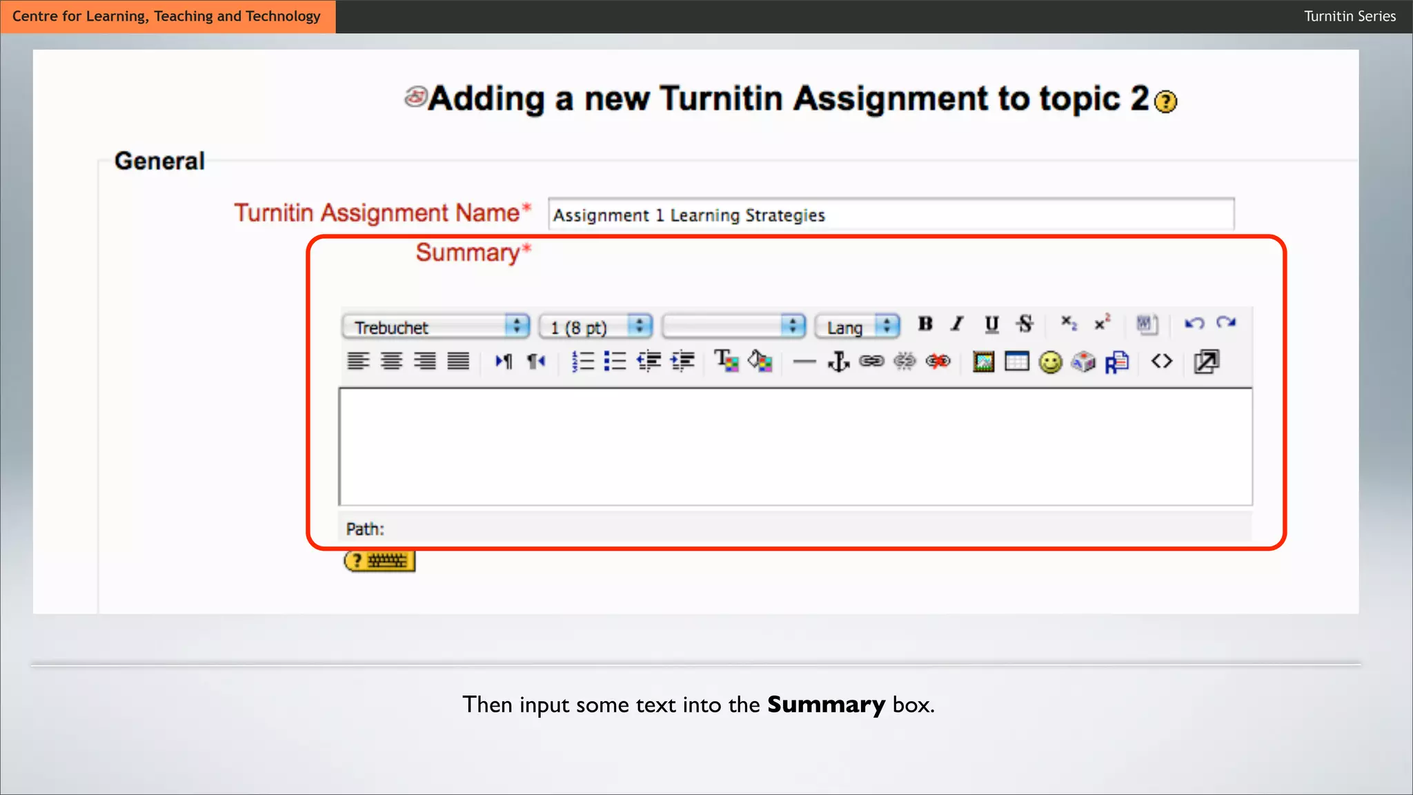 Turnitin SeriesCentre for Learning, Teaching and Technology
Then input some text into the Summary box.
 