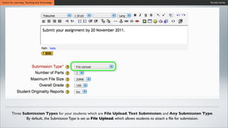 Turnitin SeriesCentre for Learning, Teaching and Technology
Three Submission Types for your students which are File Upload; Text Submission; and Any Submission Type.
By default, the Submission Type is set as File Upload, which allows students to attach a ﬁle for submission.
 