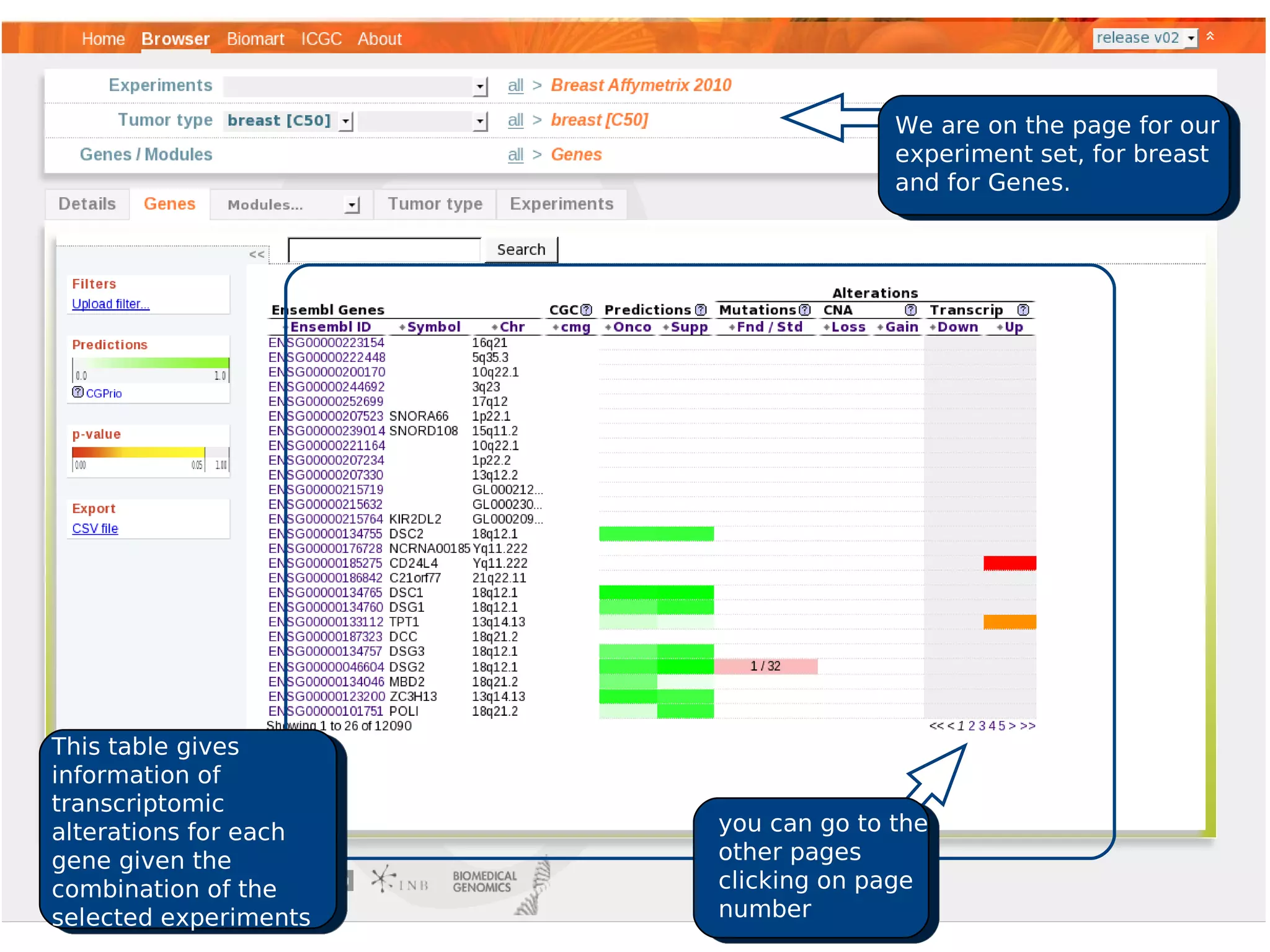We are on the page for our
                                     experiment set, for breast
                                     and for Genes.




This table gives
information of
transcriptomic
alterations for each   you can go to the
gene given the         other pages
combination of the     clicking on page
selected experiments   number
 