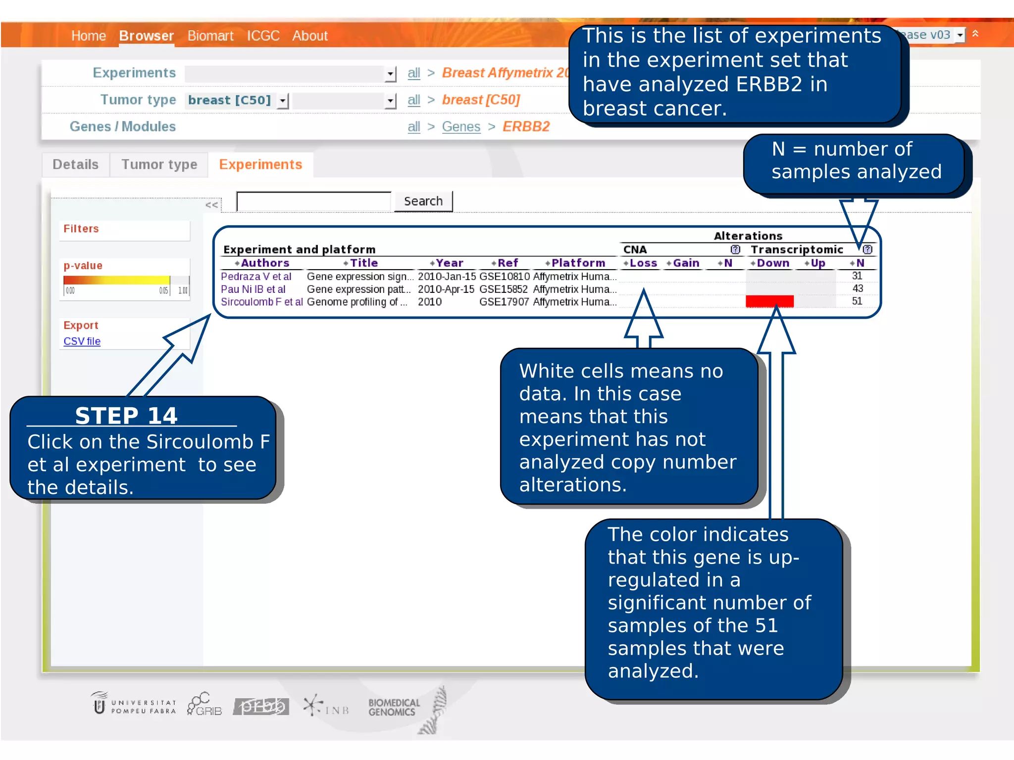 This is the list of experiments
                                 in the experiment set that
                                 have analyzed ERBB2 in
                                 breast cancer.
                                                    N = number of
                                                    samples analyzed




                            White cells means no
                            data. In this case
    STEP 14                 means that this
Click on the Sircoulomb F   experiment has not
et al experiment to see     analyzed copy number
the details.                alterations.

                                    The color indicates
                                    that this gene is up-
                                    regulated in a
                                    significant number of
                                    samples of the 51
                                    samples that were
                                    analyzed.
 