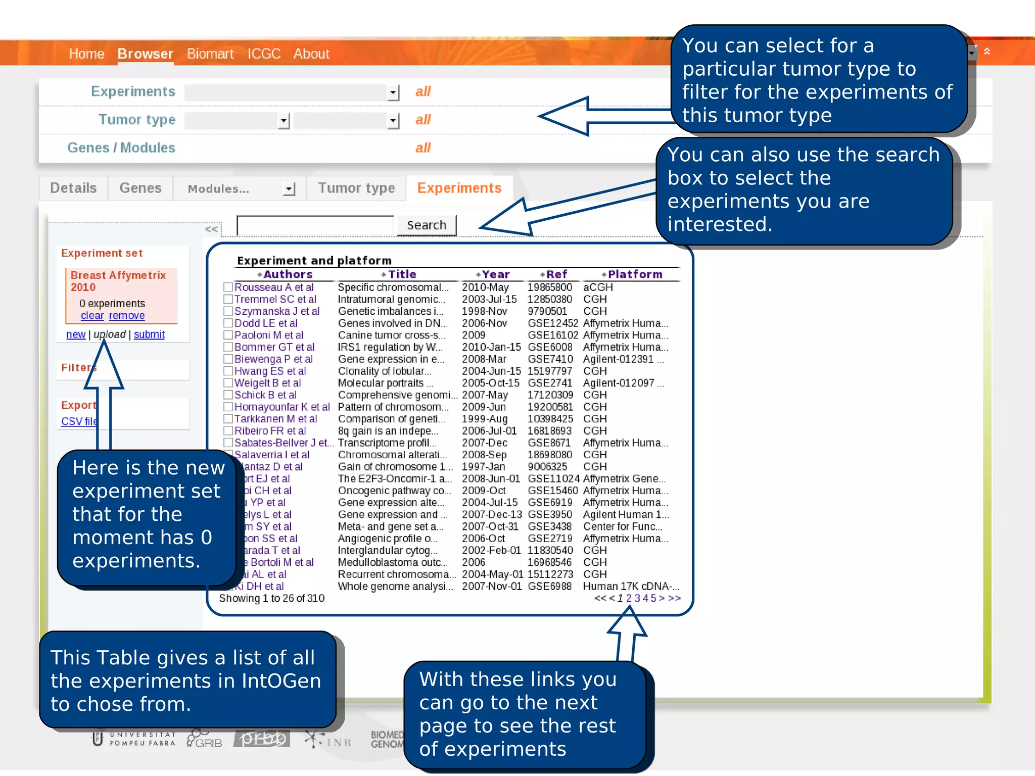 You can select for a
                                                         particular tumor type to
                                                         filter for the experiments of
                                                         this tumor type

                                                        You can also use the search
                                                        box to select the
                                                        experiments you are
                                                        interested.




  Here is the new
  experiment set
  that for the
  moment has 0
  experiments.




This Table gives a list of all
the experiments in IntOGen       With these links you
to chose from.                   can go to the next
                                 page to see the rest
                                 of experiments
 