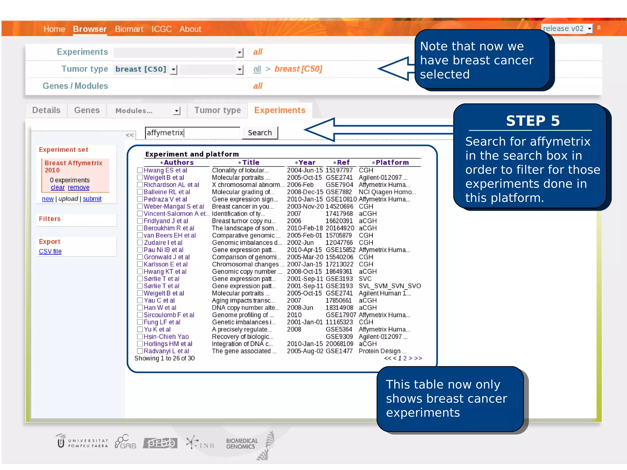 Note that now we
     have breast cancer
     selected



                   STEP 5
            Search for affymetrix
            in the search box in
            order to filter for those
            experiments done in
            this platform.




This table now only
shows breast cancer
experiments
 