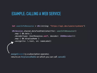 EXAMPLE: CALLING A WEB SERVICE
assign(to:on:) is a subscription operator,
returns an AnyCancellable on which you can call ...