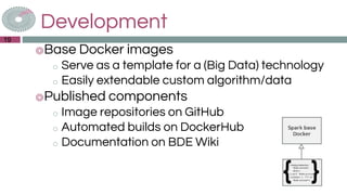 Development
◎Base Docker images
o Serve as a template for a (Big Data) technology
o Easily extendable custom algorithm/dat...