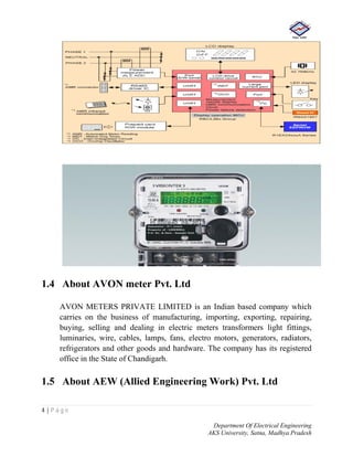 4 | P a g e
Department Of Electrical Engineering
AKS University, Satna, Madhya Pradesh
1.4 About AVON meter Pvt. Ltd
AVON METERS PRIVATE LIMITED is an Indian based company which
carries on the business of manufacturing, importing, exporting, repairing,
buying, selling and dealing in electric meters transformers light fittings,
luminaries, wire, cables, lamps, fans, electro motors, generators, radiators,
refrigerators and other goods and hardware. The company has its registered
office in the State of Chandigarh.
1.5 About AEW (Allied Engineering Work) Pvt. Ltd
 